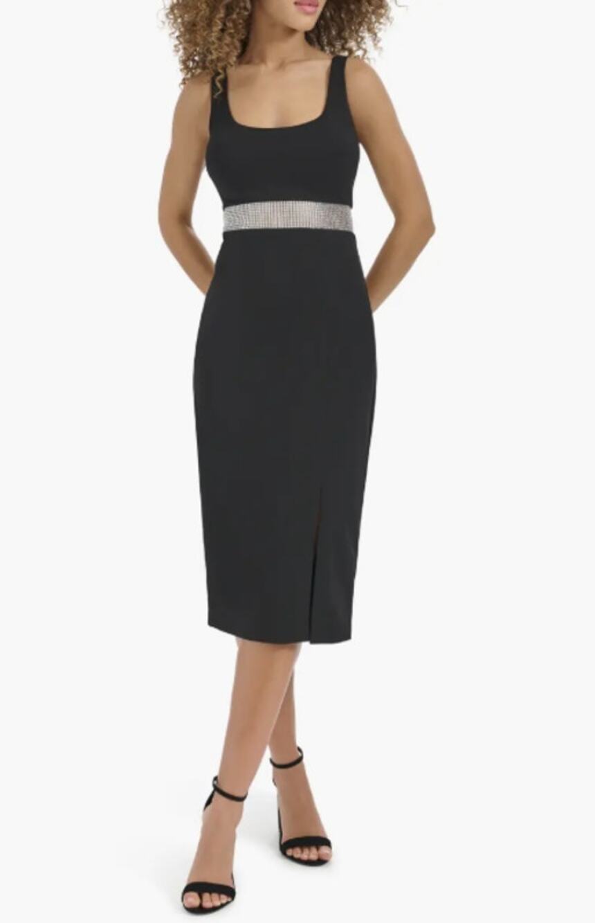 Siena Black Midi Dress Rhinestone Waist Scuba Crepe Sleeveless Size 8